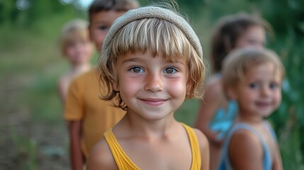 Happy caucasian children in outdoor nature setting smiling