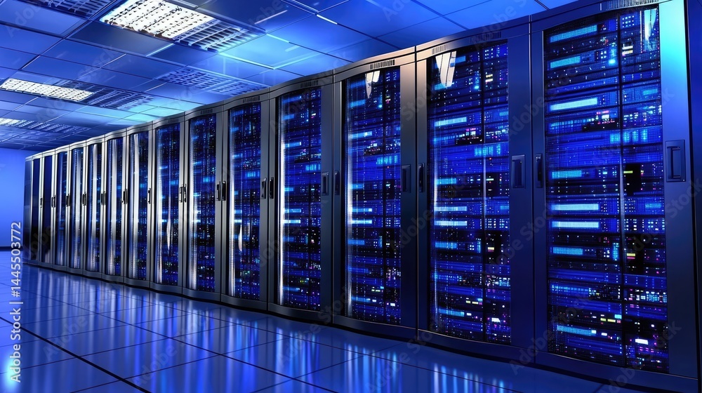 Poster futuristic data center with glowing blue server racks and reflective flooring, ideal for cloud techn