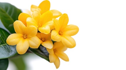 Fototapeta premium Bright Yellow Flowers with Green Leaves Against White Background