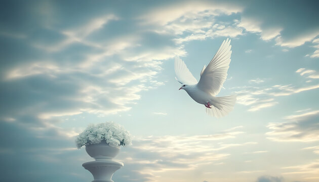 sky funeral background with white dove, copy space for text