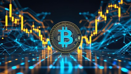 3D Render of Gold Bitcoin Emblem with Digital Network - Crypto Currency Investment and Technology, Abstract Golden Bitcoin Sign with Electronic Circuit Lines - Blockchain, Crypto Mining, and Trading