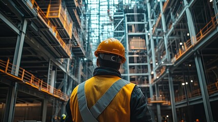 Industrial construction worker looking upward in a vast interior space.