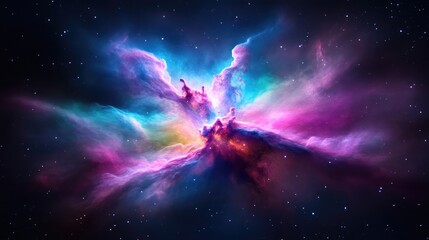 Vibrant nebula explosion in deep space.  A mesmerizing display of swirling, colorful clouds of gas and dust, vibrant hues of pink