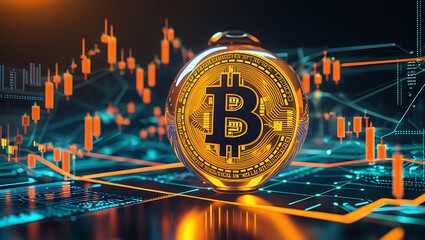 3D Render of Gold Bitcoin Emblem with Digital Network - Crypto Currency Investment and Technology, Abstract Golden Bitcoin Sign with Electronic Circuit Lines - Blockchain, Crypto Mining, and Trading