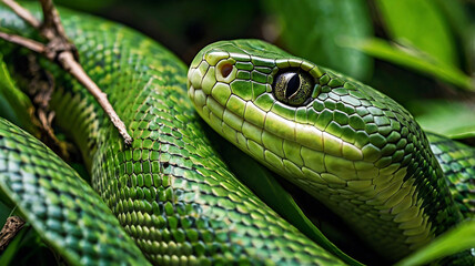 Obraz premium A captivating close-up of a green snake with shimmering scales caught in natural light.