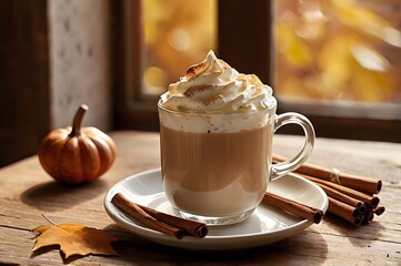 Autumn Latte with Whipped Cream and Cinnamon, Cozy Fall Scene