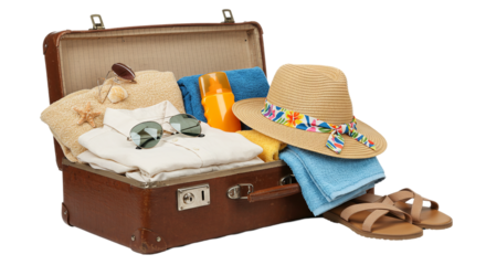 Open travel suitcase with summer clothes, hat, and flip flops isolated on transparent background, perfect for vacation visuals, trip planning ads, packing list graphics, and holiday banners