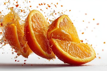 High-speed macro capture of orange slice collision with sparkling droplets, strobe lighting against spotless white background forming dynamic refreshing energy booster visual.