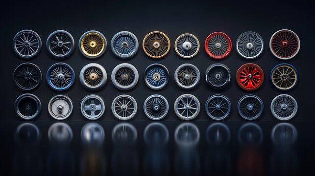 Wheels in rows against a dark background, various designs, styles and colors