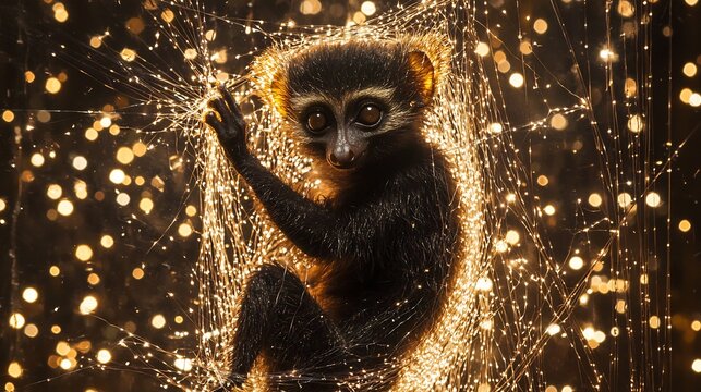 Aye aye wrapped in strands of cosmic light suspended between dimensions its finger unraveling the threads of reality itself