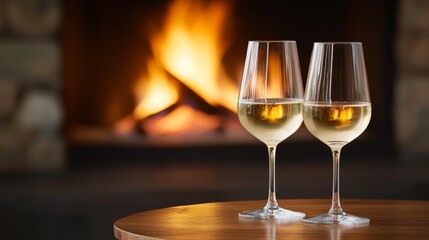 Obraz premium A Warm Embrace by the Fireplace in a Cozy Setting, Two wine glasses sit on a table in front of a glowing fireplace, creating a cozy atmosphere.