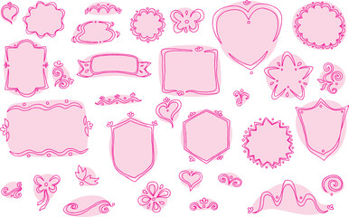Set of curved line frames with pink fills, scribbled, hand drawn: heart shape, rectangle frames, hexagon, star shape, shields, ribbon label, flower labels