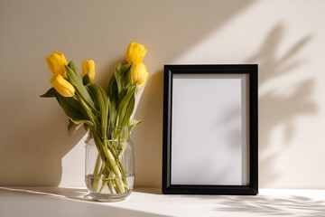 A black picture frame is leaning against the wall on an empty white table. There are yellow tulips in a vase. It's a simple and minimalistic composition, with a white background.