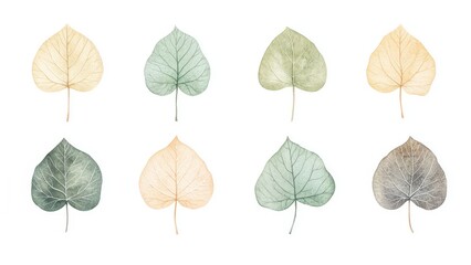 Fototapeta premium Softly illustrated aspen leaves in pastel colors adorn a clean white background. Each leaf features intricate veins and muted hues perfect for design projects or decor