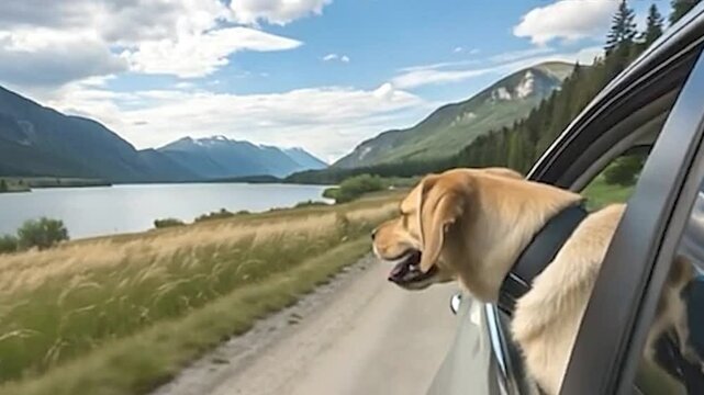 dog in the car near water