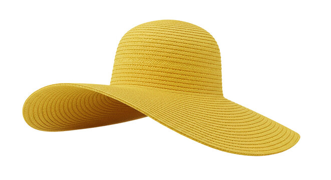 Isolated yellow straw sun hat with a wide brim on a black background offering sun protection and style