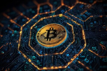 3D Render of Gold Bitcoin Emblem with Digital Network - Crypto Currency Investment and Technology, Abstract Golden Bitcoin Sign with Electronic Circuit Lines - Blockchain, Crypto Mining, and Trading