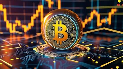 3D Render of Gold Bitcoin Emblem with Digital Network - Crypto Currency Investment and Technology, Abstract Golden Bitcoin Sign with Electronic Circuit Lines - Blockchain, Crypto Mining, and Trading