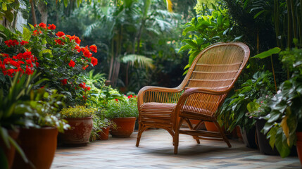 A rattan chair in the center of an indoor garden, surrounded by vibrant potted plants and flowers, creating a serene atmosphere for relaxation.