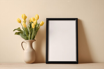 A black picture frame is leaning against the wall on an empty white table. There are yellow tulips in a vase. It's a simple and minimalistic composition, with a white background.