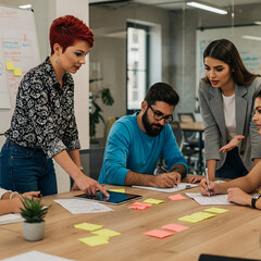 Fototapeta premium Four young adults, who appear to be of Caucasian descent, collaborating on a project with sticky notes and a tablet around a wooden table in a modern office