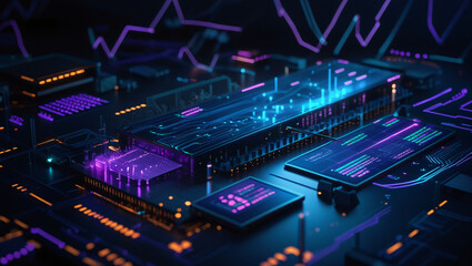 Fototapeta premium This image depicts a high tech digital circuit board or microchip setup.
