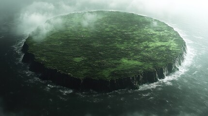 Verdant plateau island surrounded by misty ocean