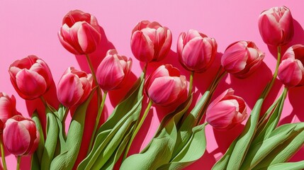 Fototapeta premium Bright pink tulips with lush green leaves arranged in a beautiful bouquet against a soft pink background perfect for sptime floral themes and floral design inspiration