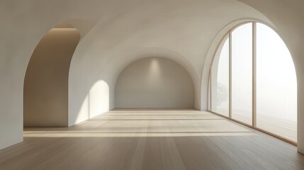 Fototapeta premium Minimalist arch design with wooden flooring in sunlit room
