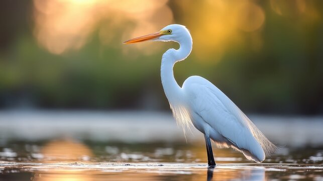 Elegant white egret standing in serene water at sunset