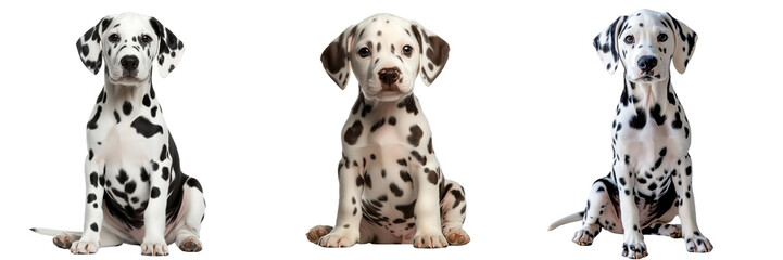 Set of a Dalmatian puppy sitting and looking at the camera, isolated on a transparent background.
