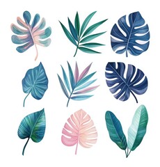 Fototapeta premium Collection features intricately detailed tropical leaves in pastel colors set against a clean white background. Ideal for minimalistic decor or artistic applications showcasing natures beauty