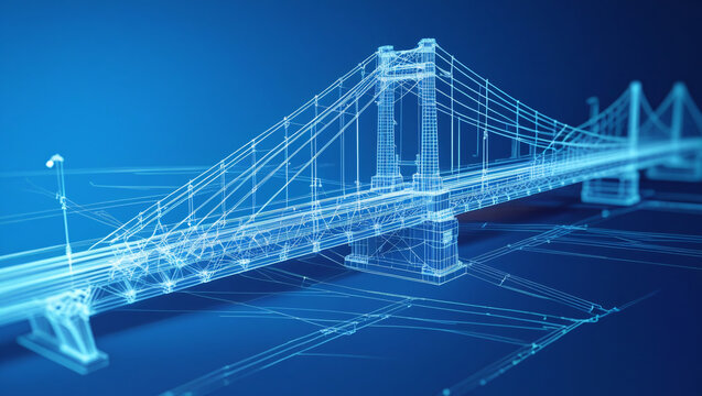 This image presents a wireframe model of a suspension bridge, rendered in a digital, blue toned style. 
