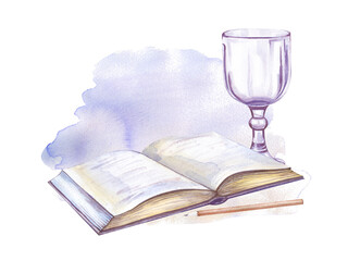 Watercolor composition with a book, pencil and a beautiful glass on the background of a blue watercolor spot. An open diary. Illustration on a white background.