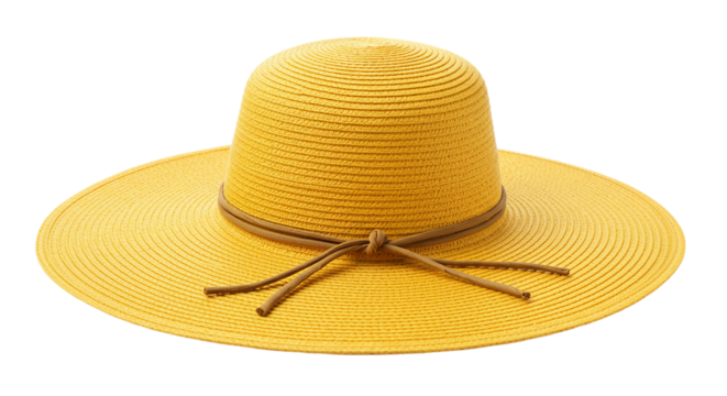 Yellow wide-brim straw sun hat with ribbon isolated on transparent background, ideal for summer fashion branding, holiday accessories, beachwear catalogs, and vacation travel visuals