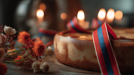 Traditional Slovenian potica cake with festive ribbons, glowing candlelight, alpine wildflowers; celebrating national pride and heritage.