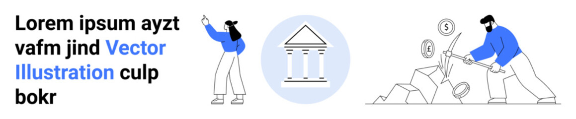 Woman gesturing, classic bank symbol, man breaking rocks for currency. Ideal for finance, investment, banking, entrepreneurship, cryptocurrency, economics simple landing page