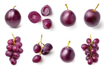 Low-angle macro photograph of purple grape showing translucent skin and tiny seed pattern under dramatic studio light, white background for gourmet visuals.