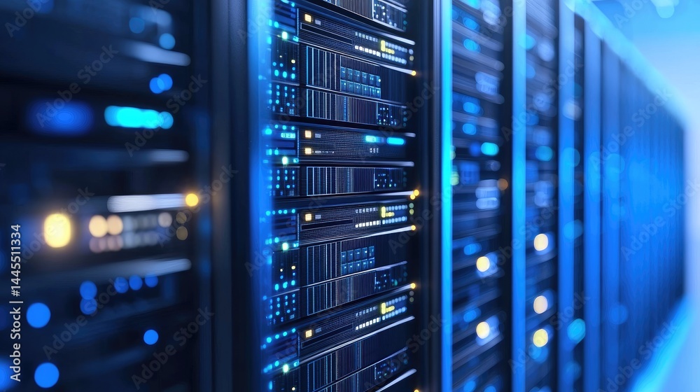 Poster focused view of blue-lit server panels with glowing indicators, perfect for data science, it solutio