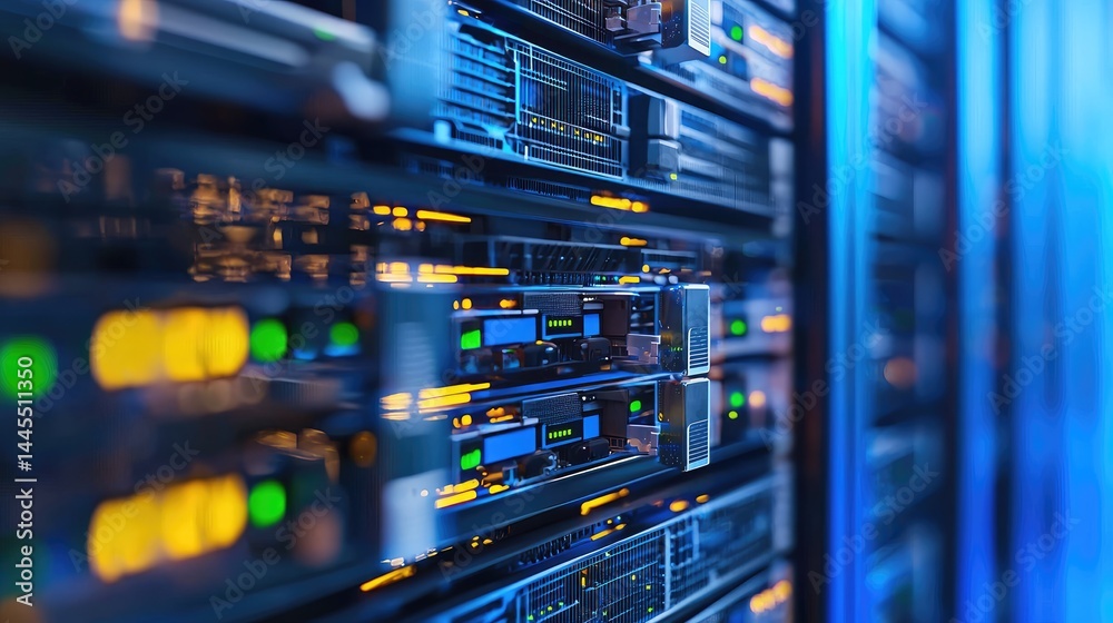 Poster High-resolution view of detailed data servers with orange and green indicators, ideal for digital storage, IT operations, and secure network system visuals