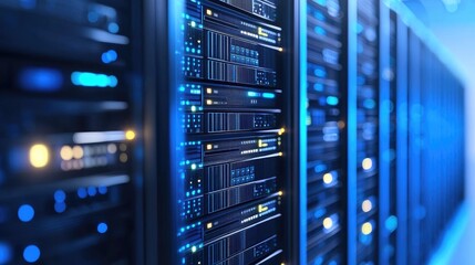 Focused view of blue-lit server panels with glowing indicators, perfect for data science, IT solutions, and network security presentations
