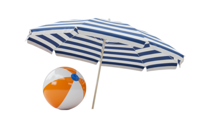 Blue striped beach umbrella with beach ball on transparent background, ideal for summer product promotions, outdoor holiday campaigns, beach illustrations, and sunny travel artwork