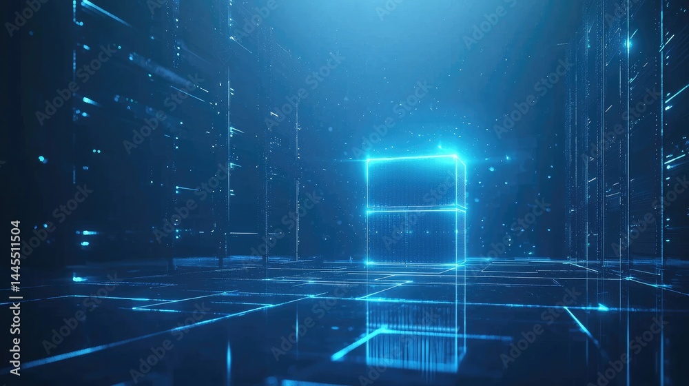 Poster glowing data servers lined in a high-security room with ambient blue lighting, perfect for cloud hos