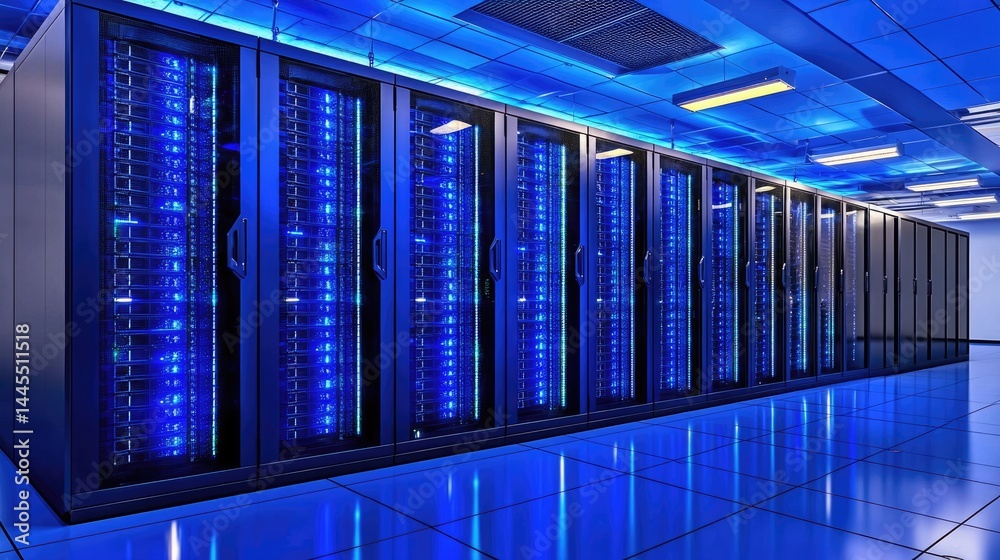 Poster Dark glowing server room with blue light reflections on the floor, excellent for data security, futuristic IT visuals, and high-performance computing content