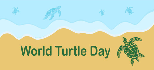 Baby turtle heading to sea after hatching, as world turtle day banner or poster.