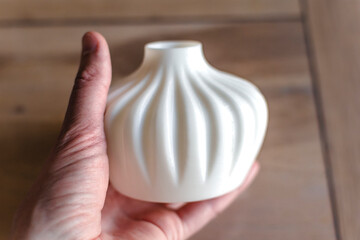 Small white single flower vase 3d printed from corn starch pla filament, ideal for dried or artificial flowers