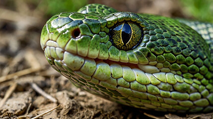 Fototapeta premium A captivating close-up of a green snake with shimmering scales caught in natural light.