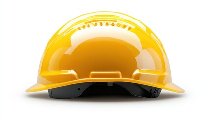 Fototapeta premium Yellow safety helmet front view with reflective shine