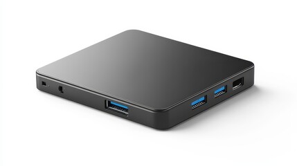 Sleek black usb hub with multiple ports on white background
