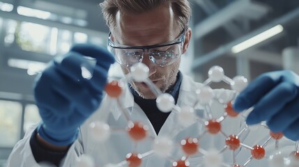 Researcher Analyzing Electrons and Molecular Chain Models In 3d Software for Futuristic Medicine Development